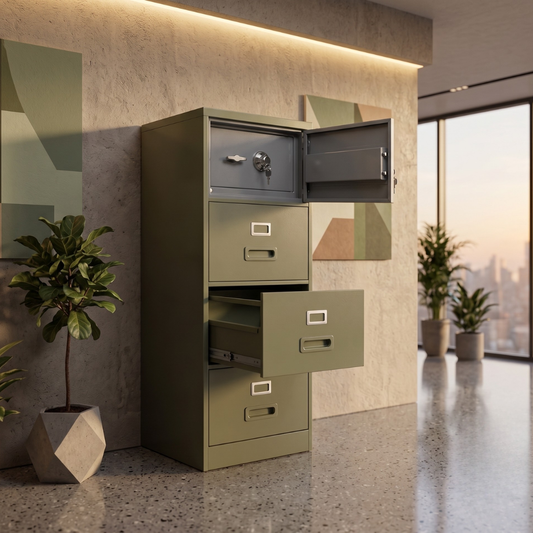 4 Drawers Steel Filing Cabinet With Safe in Olive Green